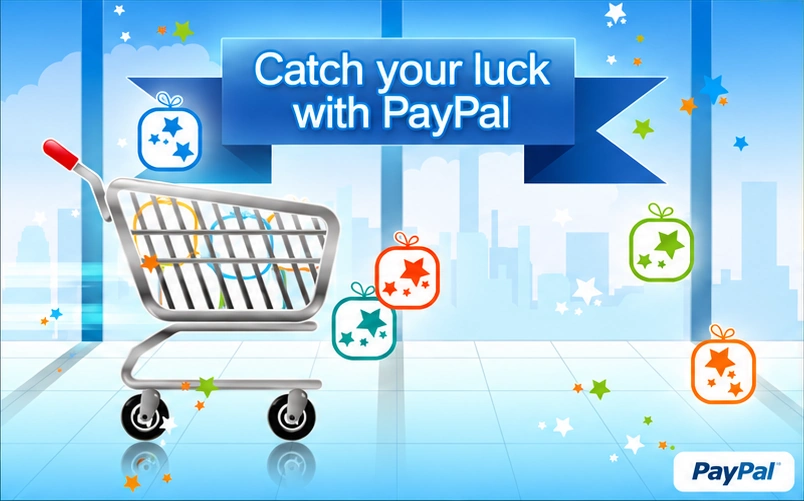 Оформление акции PayPal на английском языке: тележка для покупок и графика конкурса.
